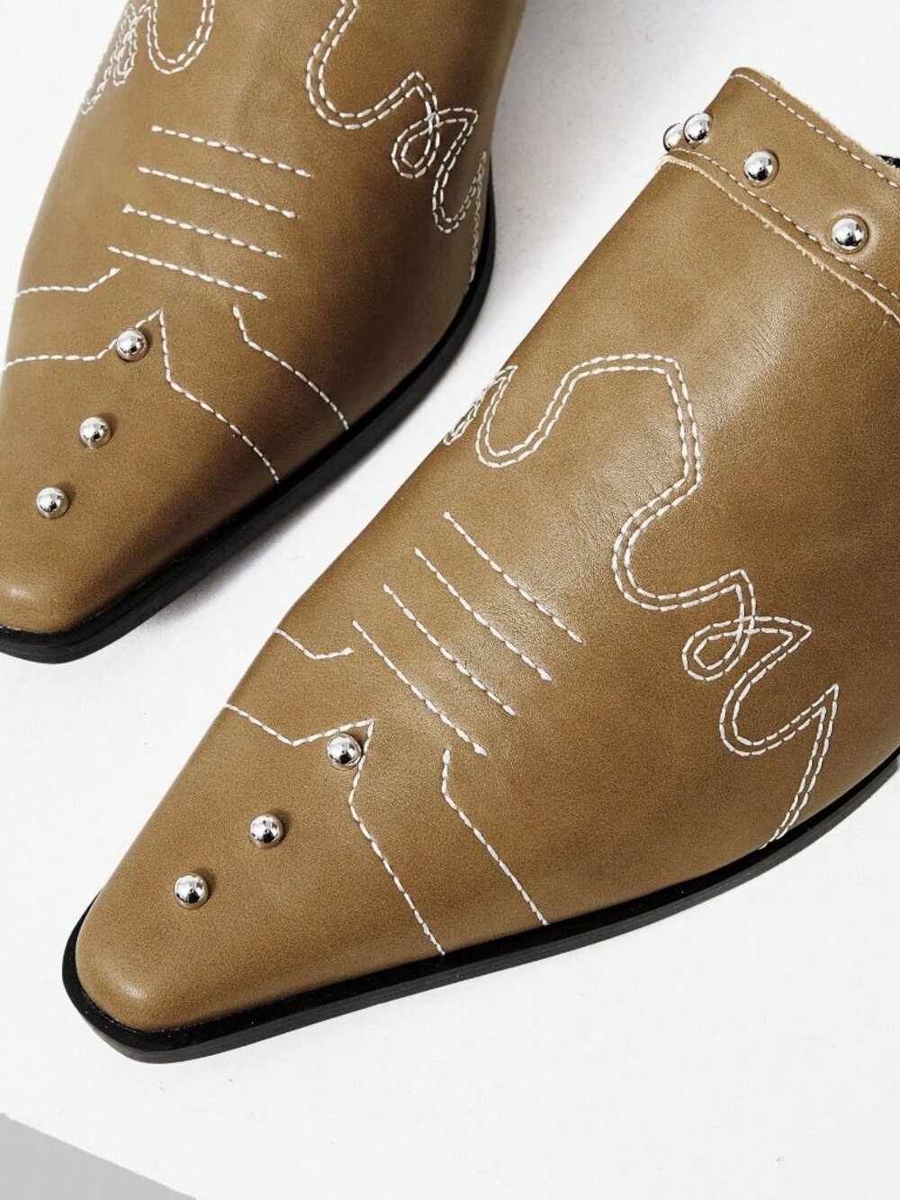 Khaki Casual Women's Studded Decor Pointed Toe High Heel Mules - Picture 7 of 9